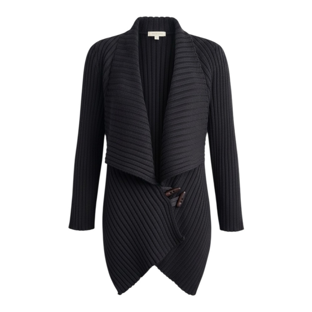 Black Ribbed Asymmetrical Draped Buckle Cardigan Women’s Medium Minimalist Knit
